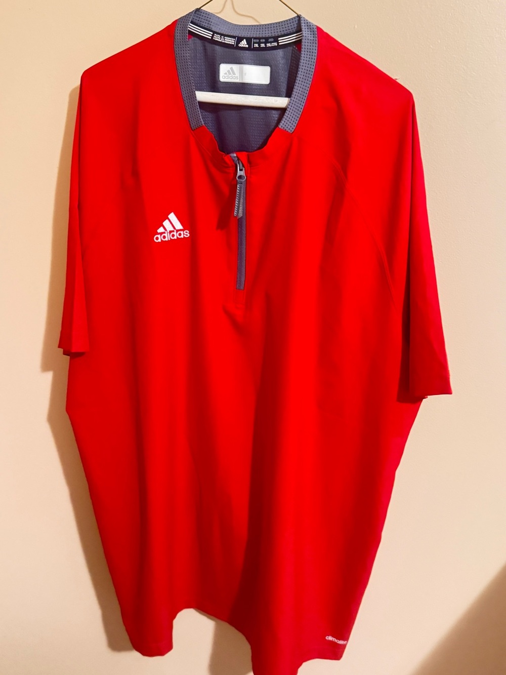 adidas Red Short-Sleeve Zip Polo with Gray Trim